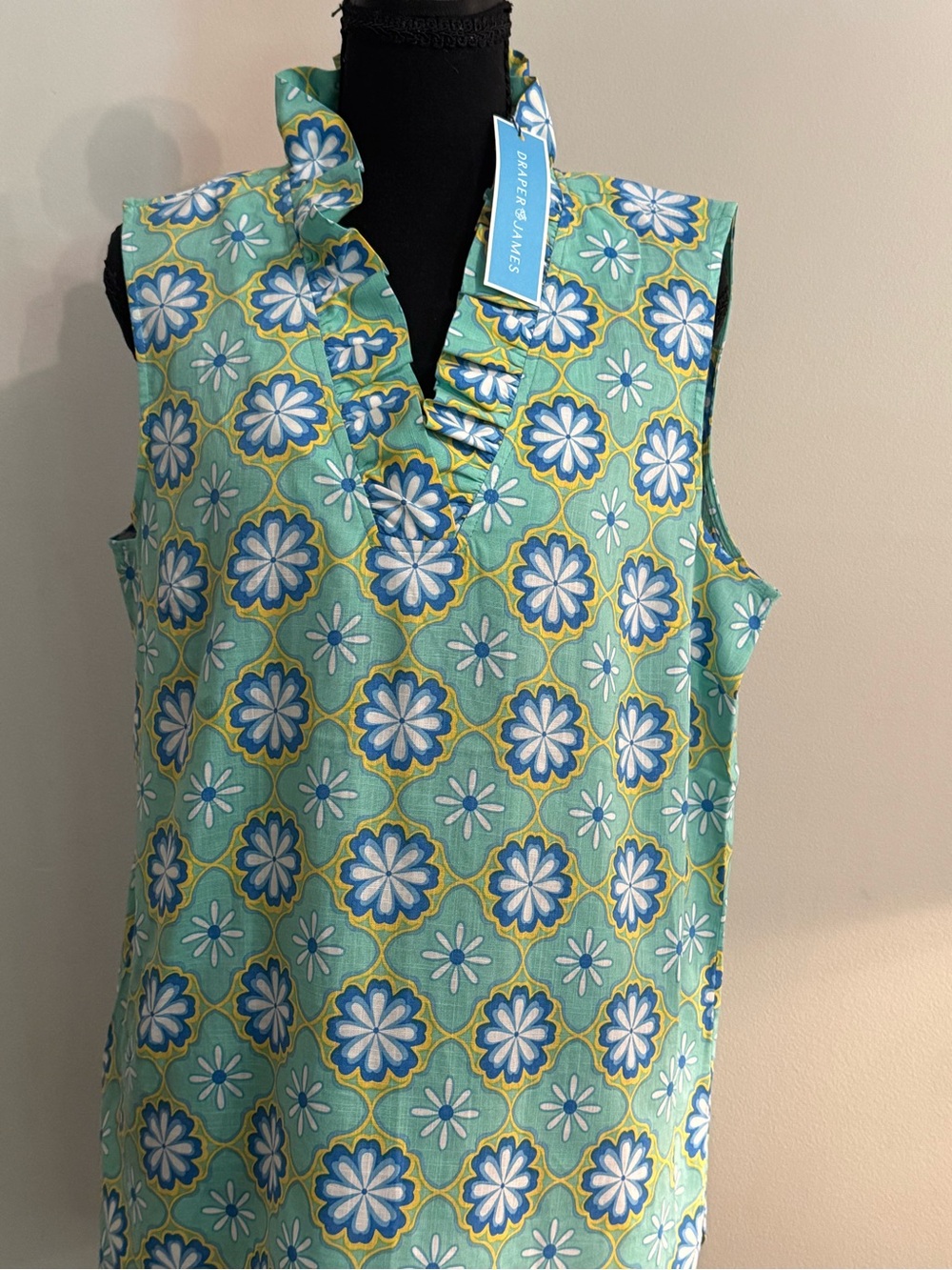 Draper James Teal Floral Print Top with Blue and Yellow Accents